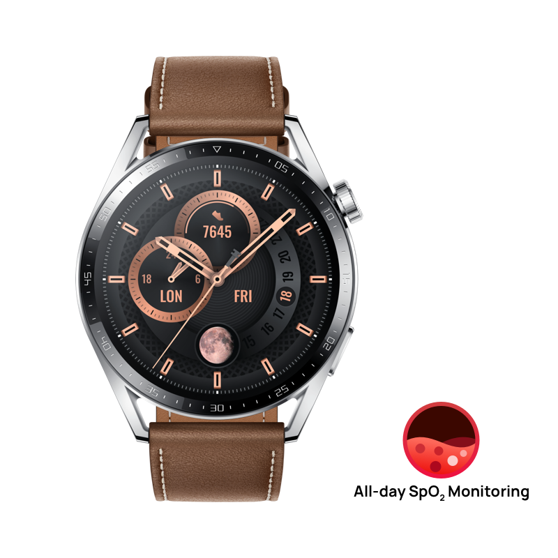 HUAWEI WATCH GT 3 46mm Classic Marron / GPS / Bluetooth 5.1 / Microphone / Charge sans fil