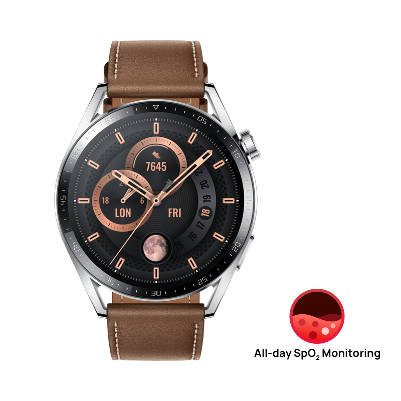 HUAWEI WATCH GT 3 46mm Classic Marron / GPS / Bluetooth 5.1 / Microphone / Charge sans fil / Compatible avec iOS et Android
