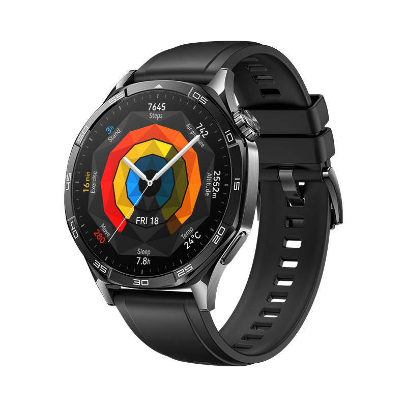 HUAWEI WATCH GT 5 46mm / Boîtier en acier inoxydable / Bracelet en fluoroélastomère noir / GPS / Bluetooth 5.2 / Montre Connectée / Fonctionne